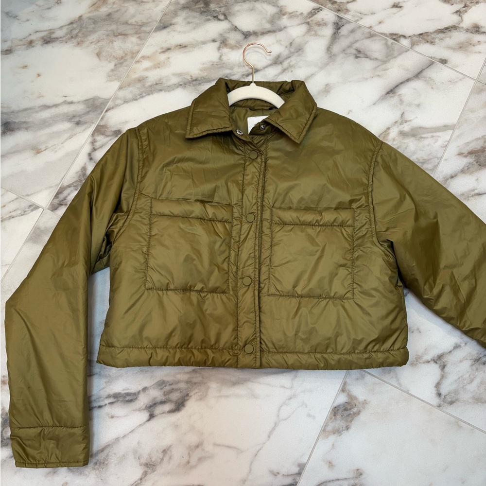 ONLY Olive Green Cropped Puffer Jacket | Lightweight Quilted Snap Front | Size M - Picture 3 of 8